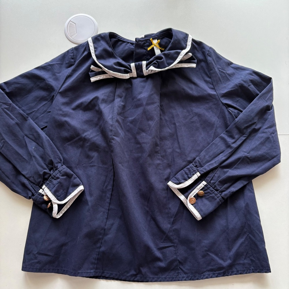 Kidichic Long Sleeve Blouse Kids Size 8 Navy Blue Peter‎ Pan Collar Bow Detail